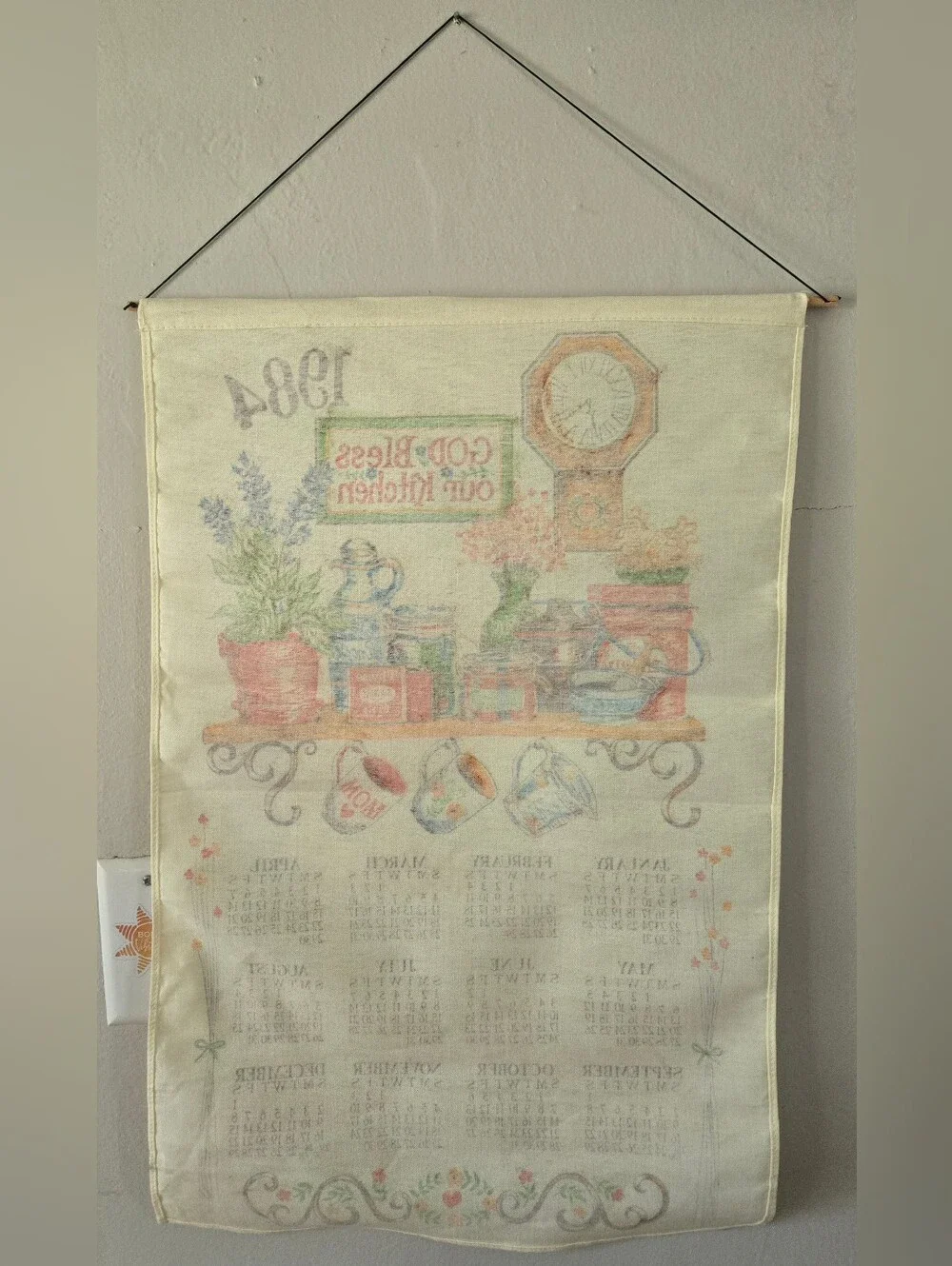 Vintage 1984 Calendar Linen Tea Towel w/ Rod & String to Hang Kitchen Theme